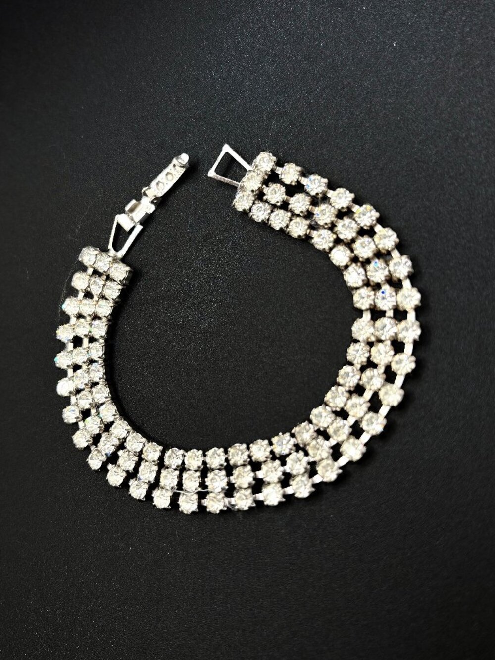 Vintage 1950s 3 Row Rhinestone Tennis Bracelet Silver Tone Bridal Glam Jewelry